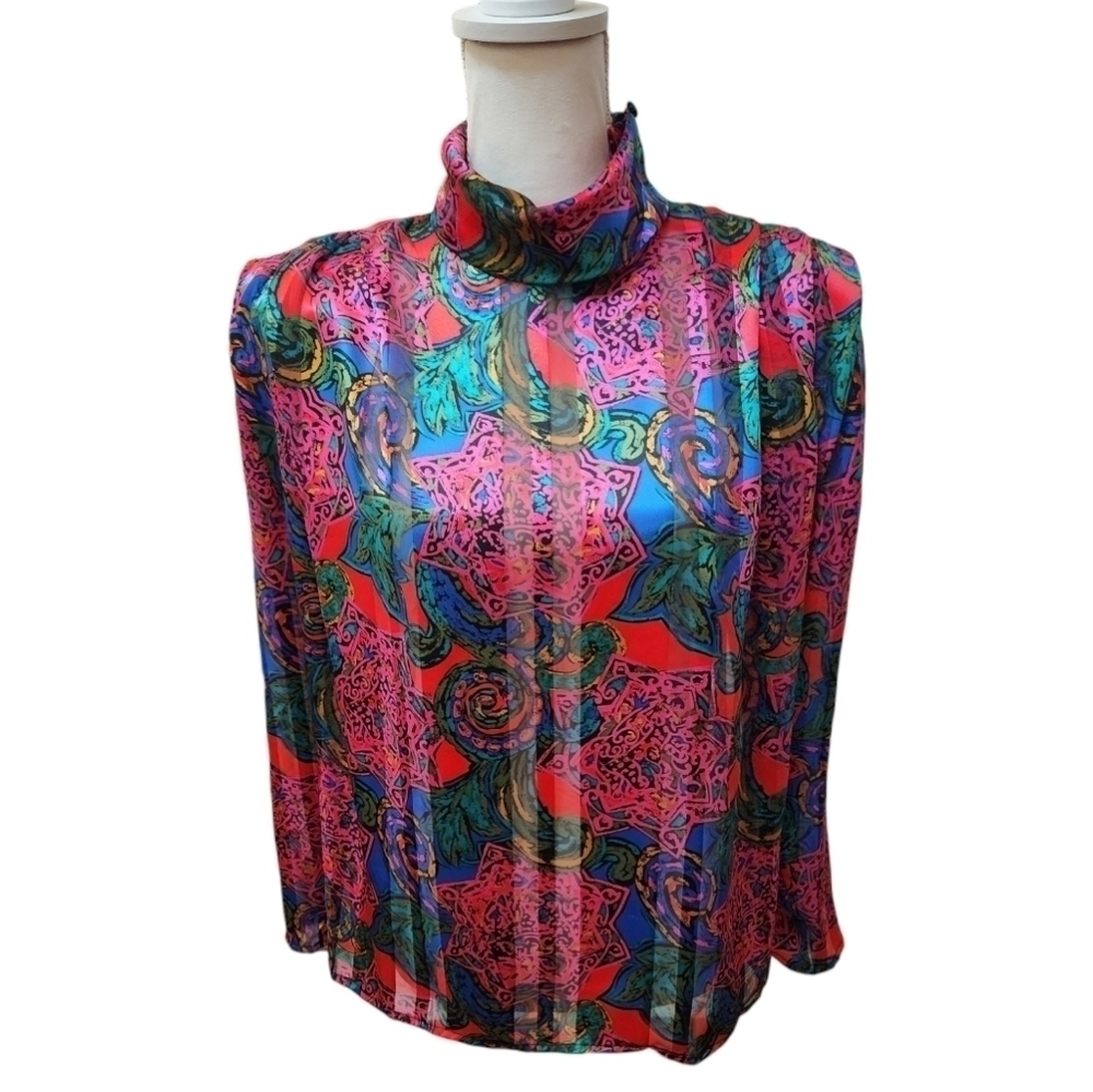 Tess Vintage Colorful Vibrant Patterned High Neck Silk Feel Blouse, Size 6